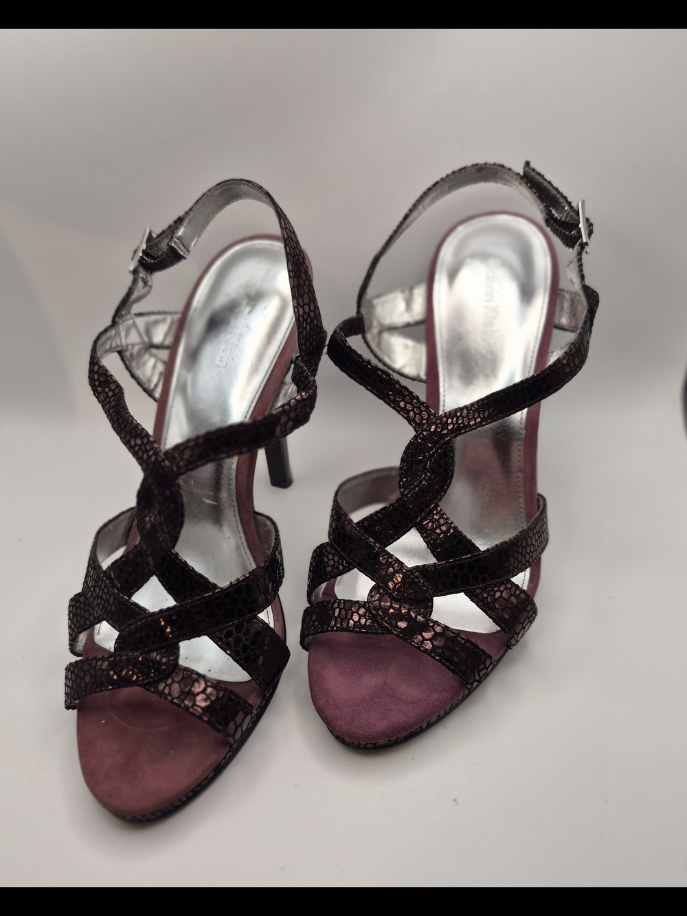 Calvin Klein Womens Shoes Pallas Metallic Leather Strappy Stiletto Raisin Sz 7